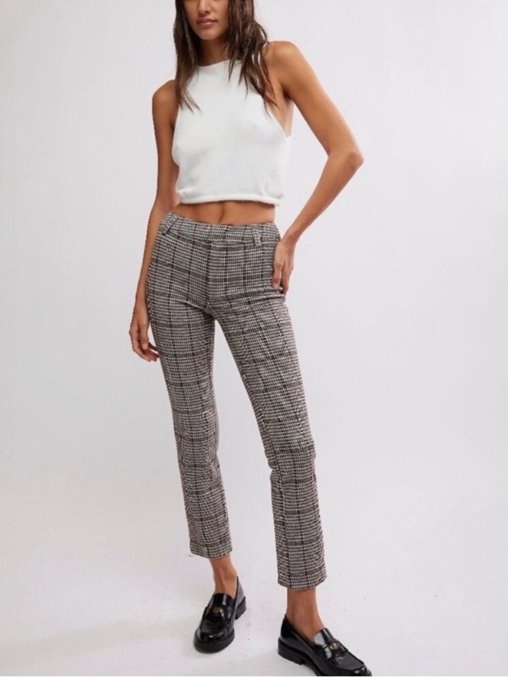Free People Molly Houndstooth Plaid Slim Crop Pants Size 6 NWT Poetcore Academia